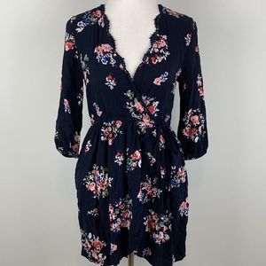 Band Of Gypsies Wrap Dress Size Small Navy Blue Floral Print Tie Waist Womens